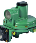 Front view of Emerson-Fisher LP-gas regulator, green metal body with black top cap and 3/4 in NPT inlet/outlet ports.