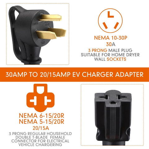 Game Changer 10 To 30P Dryer Adapter Converts Standard 30 Amp Outlet To 5 15 Or 20 R Straight Blade for EV charger plug details.