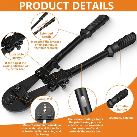 Heavy Duty Wire Rope Crimping Tool Kit With 14 Inch Swaging Tool And Wire Rope Cutter, shown with ergonomic handle and chrome vanadium steel claws.
