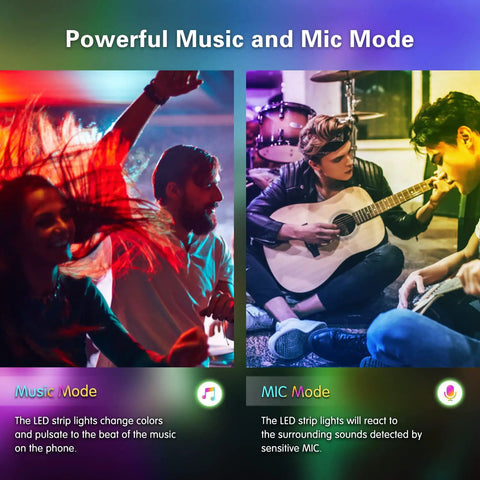50ft Color Changing LED Strip Lights With Bluetooth Music Sync, Color Chasing RGB LEDs in music and mic mode during party