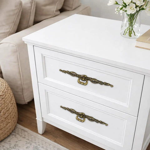 Vintage Bronze Long Drawer Pulls Old School 4 Pack With Screws 200mm Length on a white dresser in living room