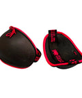 Black HEMA Knee Guards With Hard Plastic Shell and Padded Interior for Maximum Protection in Sparring, Red Dragon branding visible