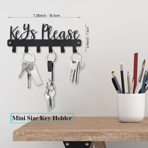 Keys Please Wall Mounted Mini Key Holder Iron Black Decor Rack With Six Hooks For Home Garage Mudroom Hallway Entryway
