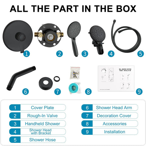 Components of Shower System With 6 Mode Bathtub Handheld Showerhead And Rain Shower Combo displayed with labels