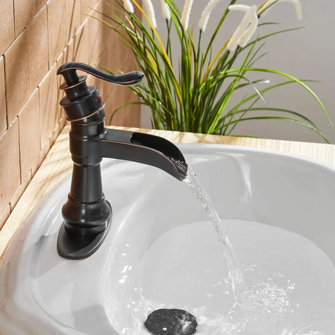 Oil Rubbed Bronze Waterfall Bathroom Sink Faucet With Single Handle 1 Hole Mount No Fuss Easy Install Pop Up Drain Assembly