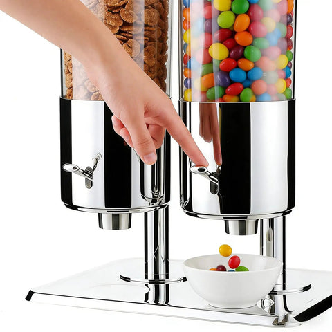 Double Chamber Cereal Dispenser With Large Capacity For Countertop Kitchen Storage Built Tough Dry Good Bin dispensing colorful snacks.