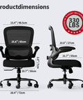 Ergonomic Office Chair With Adjustable Lumbar Support And Breathable Mesh Seat with dimensions and view of front and side.