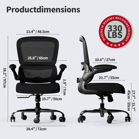 Ergonomic Office Chair With Adjustable Lumbar Support And Breathable Mesh Seat with dimensions and view of front and side.