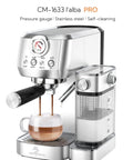 Straight Fire Automatic Espresso Machine With Super Fast Heating And Adjustable Milk Frother For Barista Level Cappuccinos And Rich Lattes At Home brewing coffee with milk froth in glass cup.