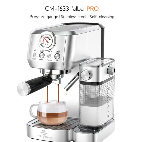 Straight Fire Automatic Espresso Machine With Super Fast Heating And Adjustable Milk Frother For Barista Level Cappuccinos And Rich Lattes At Home brewing coffee with milk froth in glass cup.