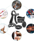 Adjustable Counting Grip Strengthener Kit 5 Pack with forearm strengthener, finger trainer, grip ring, and ball, black