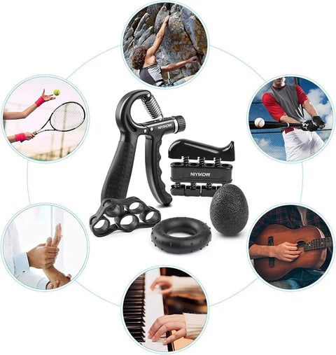 Adjustable Counting Grip Strengthener Kit 5 Pack with forearm strengthener, finger trainer, grip ring, and ball, black