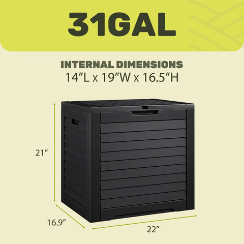 Beefy 35 Gallon Outdoor Storage Box Waterproof Resin Deck Box With Lockable Lid for Patio Cushions in black, side view.