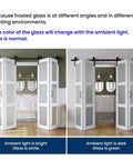 72 Inch By 84 Inch Bifold Barn Door With Frosted Glass Hardware Kit Included Pre Drilled Holes No Fuss Easy Assembly White Waterproof PVC Coated Solid Slab Space Saving Design For Laundry Room Pantry Closet Kitchen And More shown with ambient lighting variations.