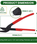 Top Shelf 12 Inch Banding Cutter For Steel And Plastic Strapping With Ergonomic Rubber Grip No Sweat One Hand Operation Crush High Tensile Packaging Real Deal Solid Alloy Steel Blade Cuts Clean, displaying product dimensions.