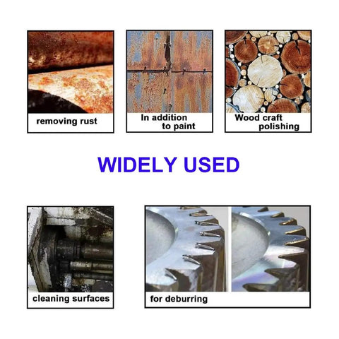Image showing uses of 15 Piece Wire Brush Set For Drill Attachments including rust removal, paint stripping, wood polishing, surface cleaning, deburring.