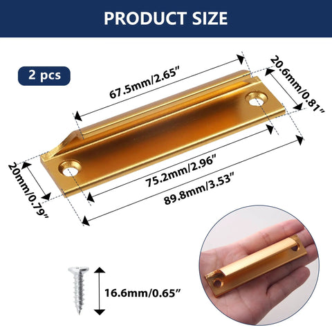 Two Piece Aluminum Alloy Drawer Pull Handles 3.5 Inch Low Profile Sash Lift Finger Pulls For Kitchen Cabinets And Dressers, Rust Proof Gold Finish With Screws Included, Durable Hardware showing dimensions and screw size