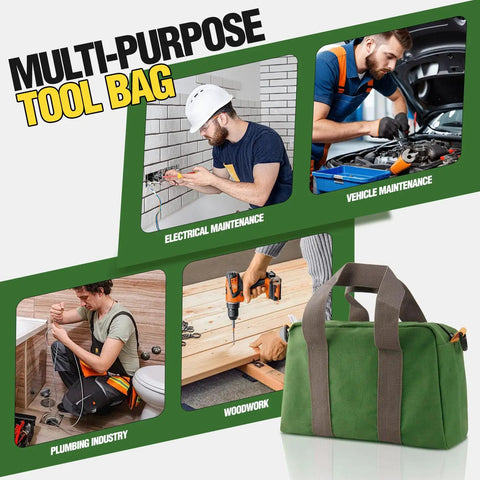 Canvas Tool Bag For Handyman Pros 12 Inch Small Tote with scenes of electrical, plumbing, vehicle maintenance, and woodworking.