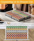 Expandable K Cup Holder Drawer For Keurig Pods, Holds 30 To 60 Coffee Pods, shown on countertop and in drawer use