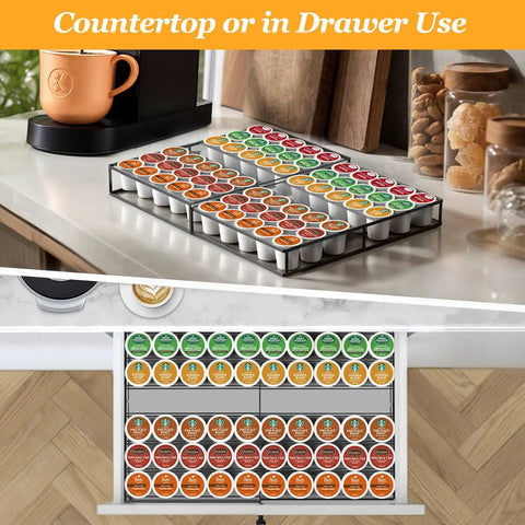 Expandable K Cup Holder Drawer For Keurig Pods, Holds 30 To 60 Coffee Pods, shown on countertop and in drawer use