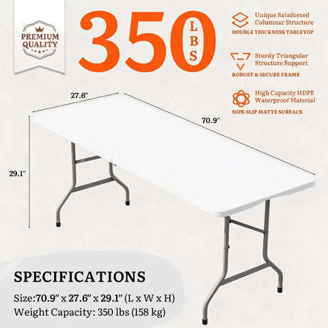Image of a 6 Foot Folding Table With Carrying Handle, Heavy Duty Steel Frame, 1.35 Inch Thick HDPE Top, showcasing specifications.