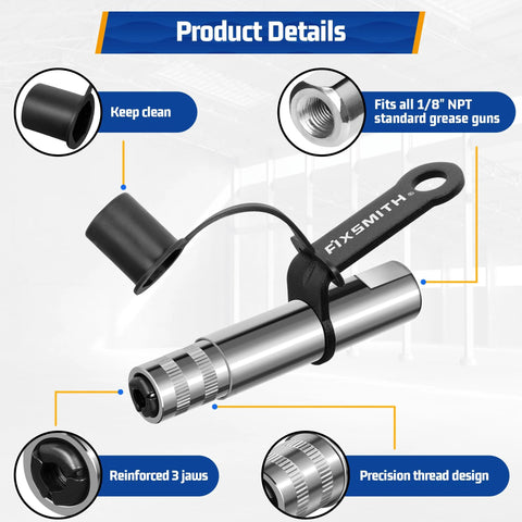 FIXSMITH grease gun coupler, side view, heavy-duty locking lever, fits all 1/8" NPT grease guns.