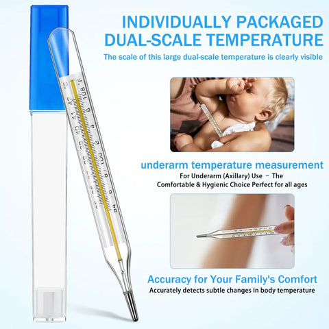 Glass Thermometer Set For Adults Four Pack Dual Scale Fahrenheit Celsius Fast Reading Old Fashioned Temperature Tools For Home Use Family Care Accurate And Reliable Temperature Testing in blue case