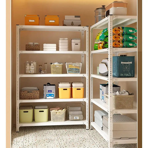 Five Tier Adjustable Metal Wire Shelving Unit Badass Heavy Duty Storage Rack for Garage Kitchen Office with 200 Lb Weight Capacity per Shelf storing various boxes and baskets.