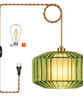 UUSWAWW Plug in Pendant Hanging Light Fixture Green Drum Glass with Fabric Inner Shade, image showing a dimmable hanging lamp with cord.