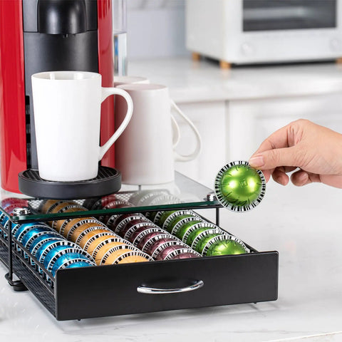 Vertuo Capsule Holder Drawer For Nespresso With Glass Top And Cabinet Storage Rack, four columns of colorful pods visible