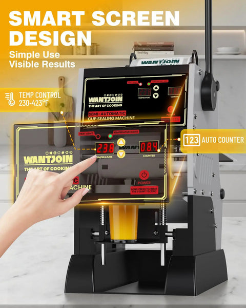 Pro Grade Cup Sealer For Bubble Tea And Coffee, Semi Automatic Electric Boba Sealer With Auto Film Alignment in use