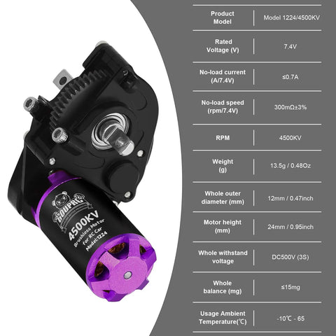4500KV Brushless Outrunner Motor With Transmission And 30A ESC Upgrade For SCX24 RC Crawler shown with detailed specs chart.