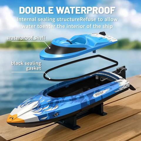 High Speed Waterproof RC Boat With Water Cooling, featuring waterproof shell and sealing gasket on display platform.