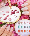 Nail Art Brush Kit 22 Piece Set With 2 Way Acrylic Silicone Engraving Pens Dotting Tools And Resin Nail Art Palette For DIY Nail Art At Home Salon Display Board White showing design samples on agate palette.