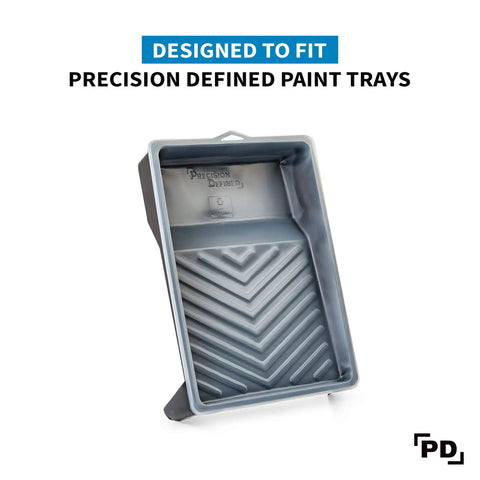 Heavy Duty 9 Inch Paint Tray Liners 10 Pack for Roller Trays, Precision Defined paint trays, angled view