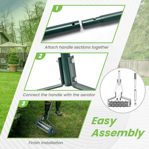 Diagram of assembling 17 Inch Heavy Duty Rolling Lawn Aerator With Sharp Spikes And Anti Slip Handle For Lawn Care Yard Garden Manual Aerator Tool To Break Up Compacted Soil And Boost Water And Nutrient Absorption For A Healthier Greener Turf