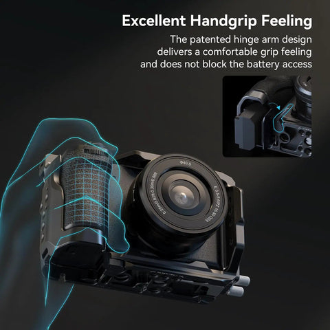 Cage Kit for Sony A6700 With HDMI Cable Clamp and Built In Quick Release Plate Arca Type Rig showcasing handgrip design.