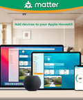 Matter app on laptop, tablet, and smartphone displaying smart home control interface in a modern living room.