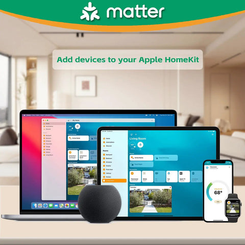 Matter app on laptop, tablet, and smartphone displaying smart home control interface in a modern living room.