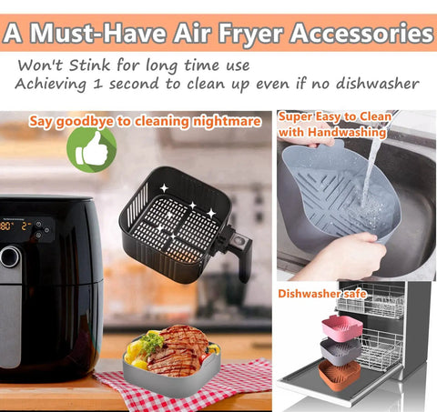 Square 8.5 Inch Silicone Air Fryer Liners Inserts 3 Pack Reusable Pot Baskets For Easy Air Frying BPA Free And Dishwasher Safe XL Fit For 5.8 Qt To 8 Qt Air Fryers No Mess Cleanup shown in use and cleaning