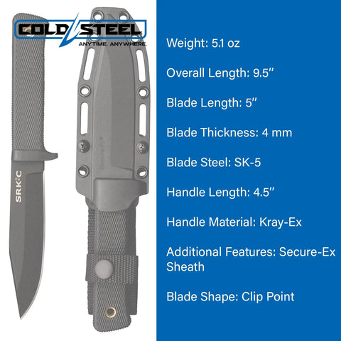 SRK Compact Fixed Blade Knife with 5 Inch SK-5 Clip Point Razor Sharp Blade and 4.5 Inch Durable Kray-Ex Handle and sheath