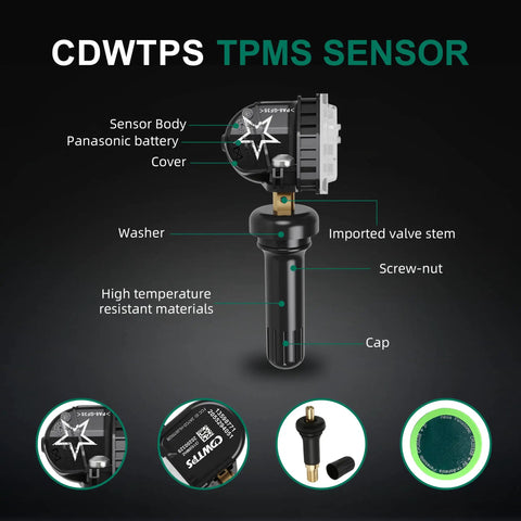 TPMS Sensor 315 MHz Set Of 4 Replacement Tire Pressure Monitor Sensors For Chevy Buick GMC Cars, Pre Programmed Direct Fit OE Style, Ready To Install, Great Replacement For Worn Or Lost TPMS Units, black valve stem