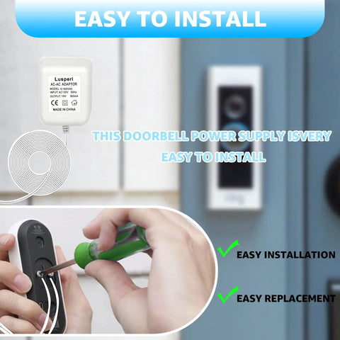 Extra Long 16.4Ft Doorbell Transformer 24V 500mA with easy install shown with screwdriver and cord