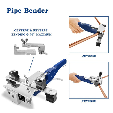 Tube Bender Kit 90 Degree With Reverse Bender For Copper Aluminum Soft Steel Brass 1/4 To 7/8 Inch Pro Grade HVAC showing use