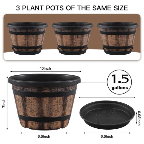 Three Pack 10 Inch Whiskey Barrel Plant Pots With Drainage Holes And Saucers Rustic Wine Barrel Style Planters For Indoor And Outdoor Garden Decor Brown, side view.
