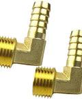 Two brass 90-degree hose barb elbow fittings, 1/2-in NPT male to 1/2-in barb, close-up view