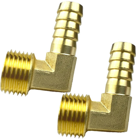 Two brass 90-degree hose barb elbow fittings, 1/2-in NPT male to 1/2-in barb, close-up view