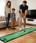 Family using Indoor Golf Putting Mat Set With Telescoping Putter Mini Golf Green Kit at home with realistic green speeds.