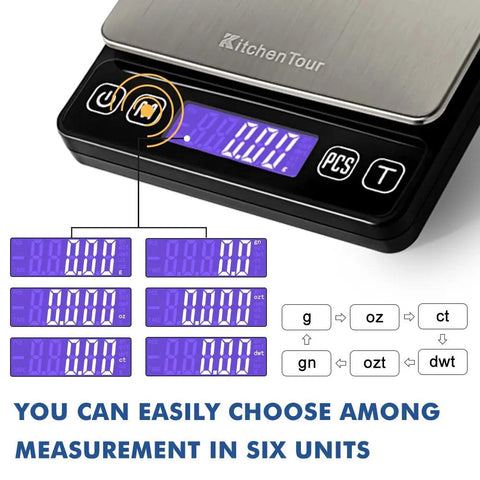 Pro Grade Digital Kitchen Scale 0.01g Resolution 500g Capacity With Backlit LCD Display showing unit options