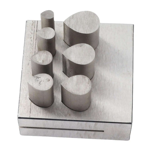 Disc Cutter Set With 7 Dies In 45 Steel for cutting metal, leather, and paper, featuring drop shaped cutters in multiple sizes, craft kit